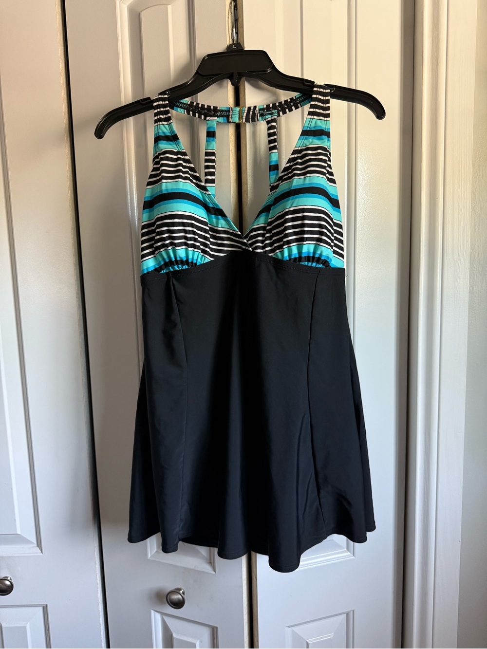 Island Escape H-Back Swimdress Blue Stripe One-Piece Swimsuit V-Neck